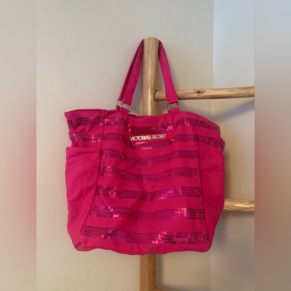 Victoria's Secret Hot Fuschia Bright Pink Striped Sequin Tote Bag With Handles - Picture 1 of 5